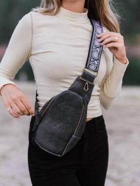 THE CLASSY CLOTH Sarah Shoulder Sling Bag in Black Blue Aztec Vegan Leather